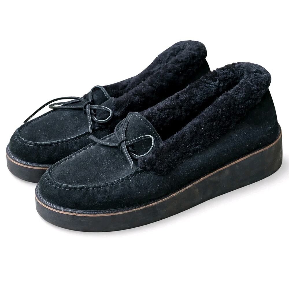 Lucchese Shearling Fur Suede Wedge Moccasin Platform Loafer Women 9.5 Shoes